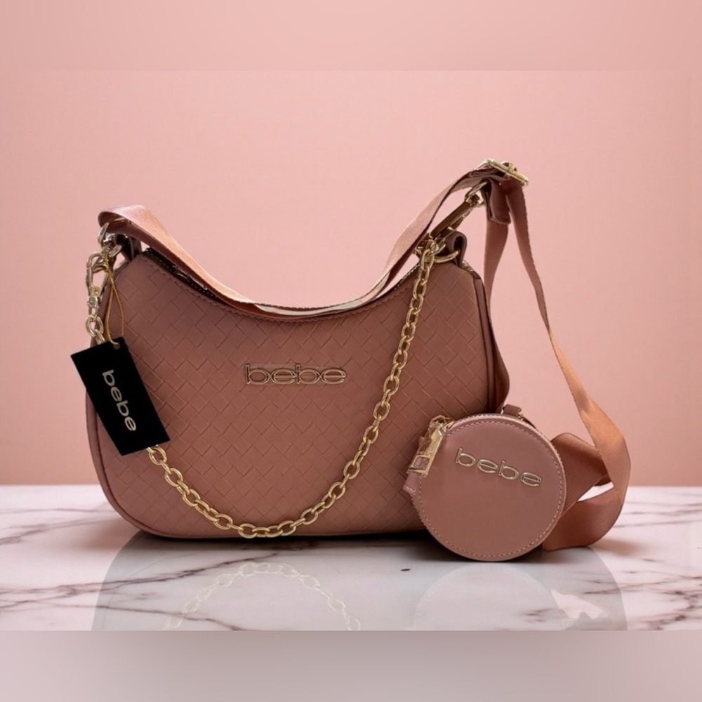 NWT Bebe Blush Woven Shoulder Bag and Coin Purse with Gold Chain + Guitar Strap